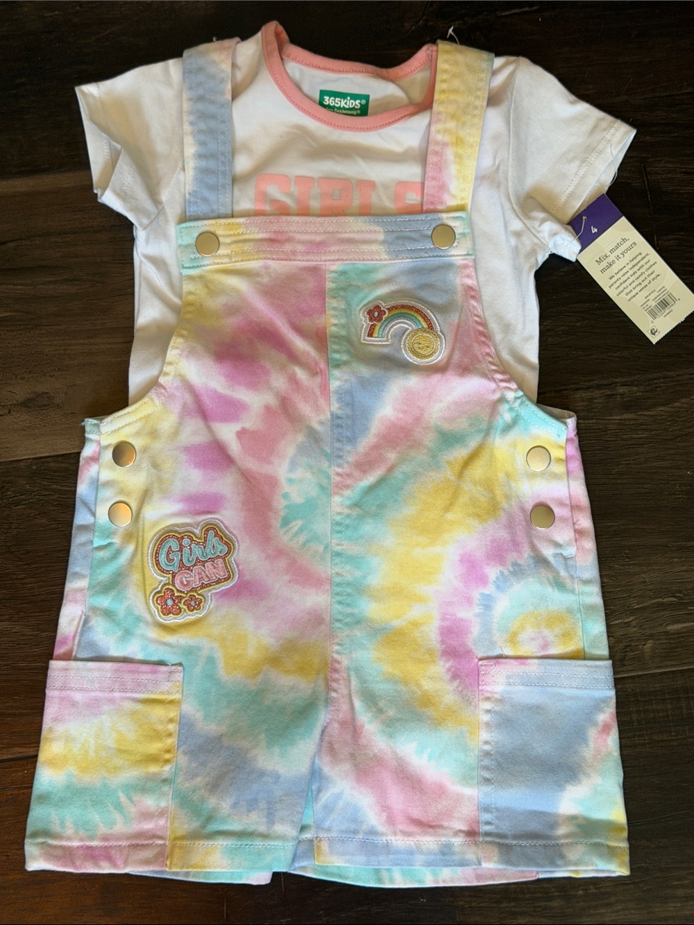 365KIDS Girls' Pastel Tie-Dye Overall Dress & Tee Set - Pink/Yellow/Blue